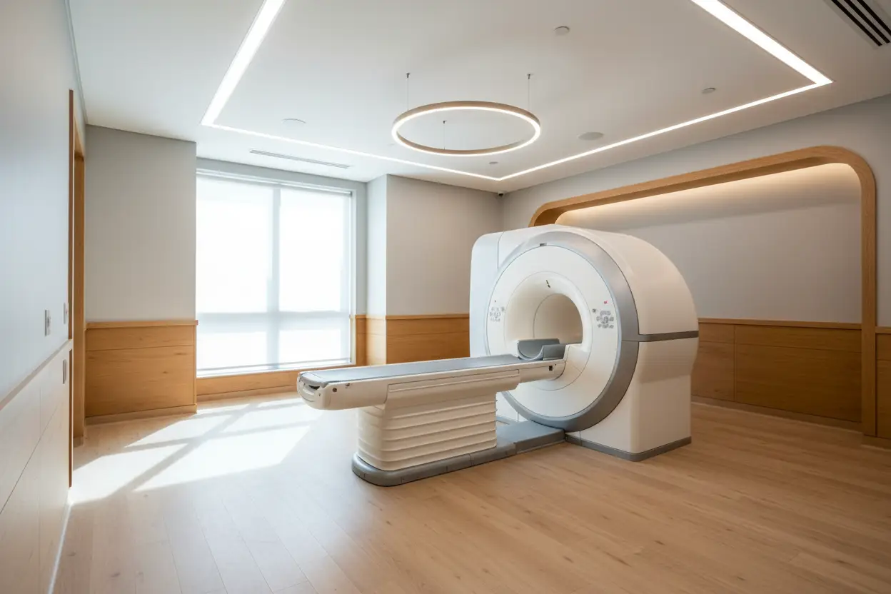 Modern medical imaging suite with an MRI scanner in a bright clinical room