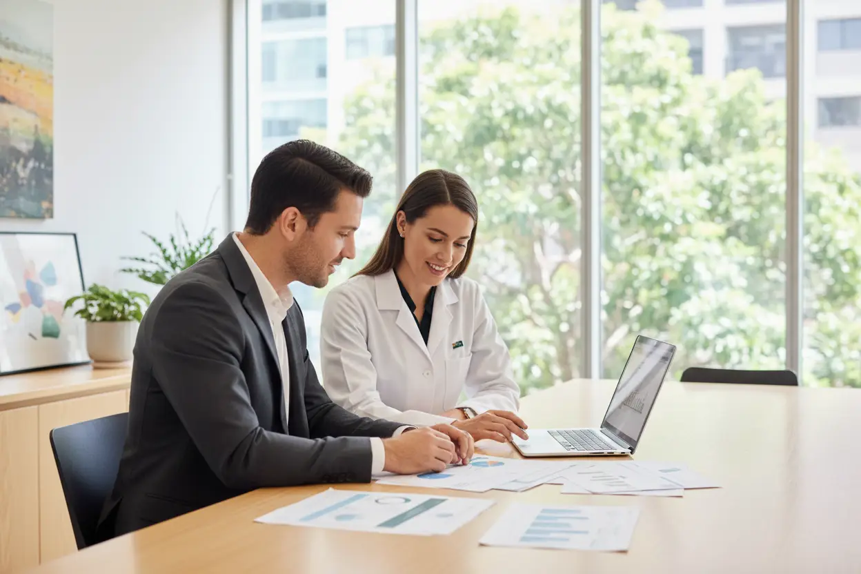 A doctor and a finance broker reviewing lending options together