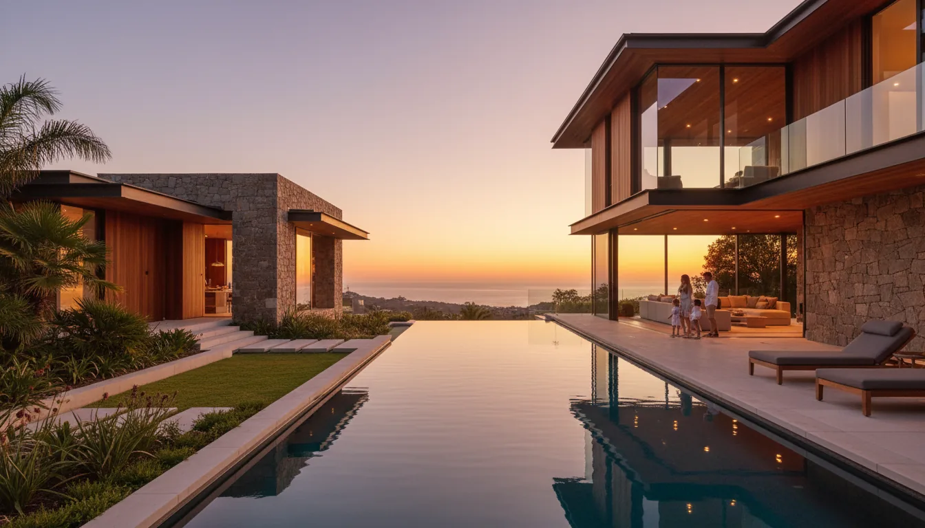 Luxurious modern Australian home at golden hour with pool
