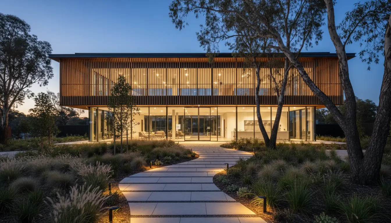 Contemporary Australian medical centre glowing warmly at dusk