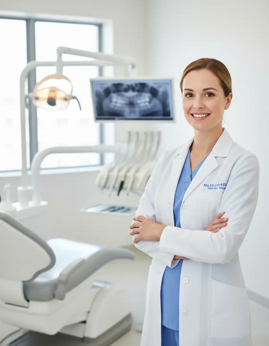 Friendly Australian dentist standing in a modern dental surgery