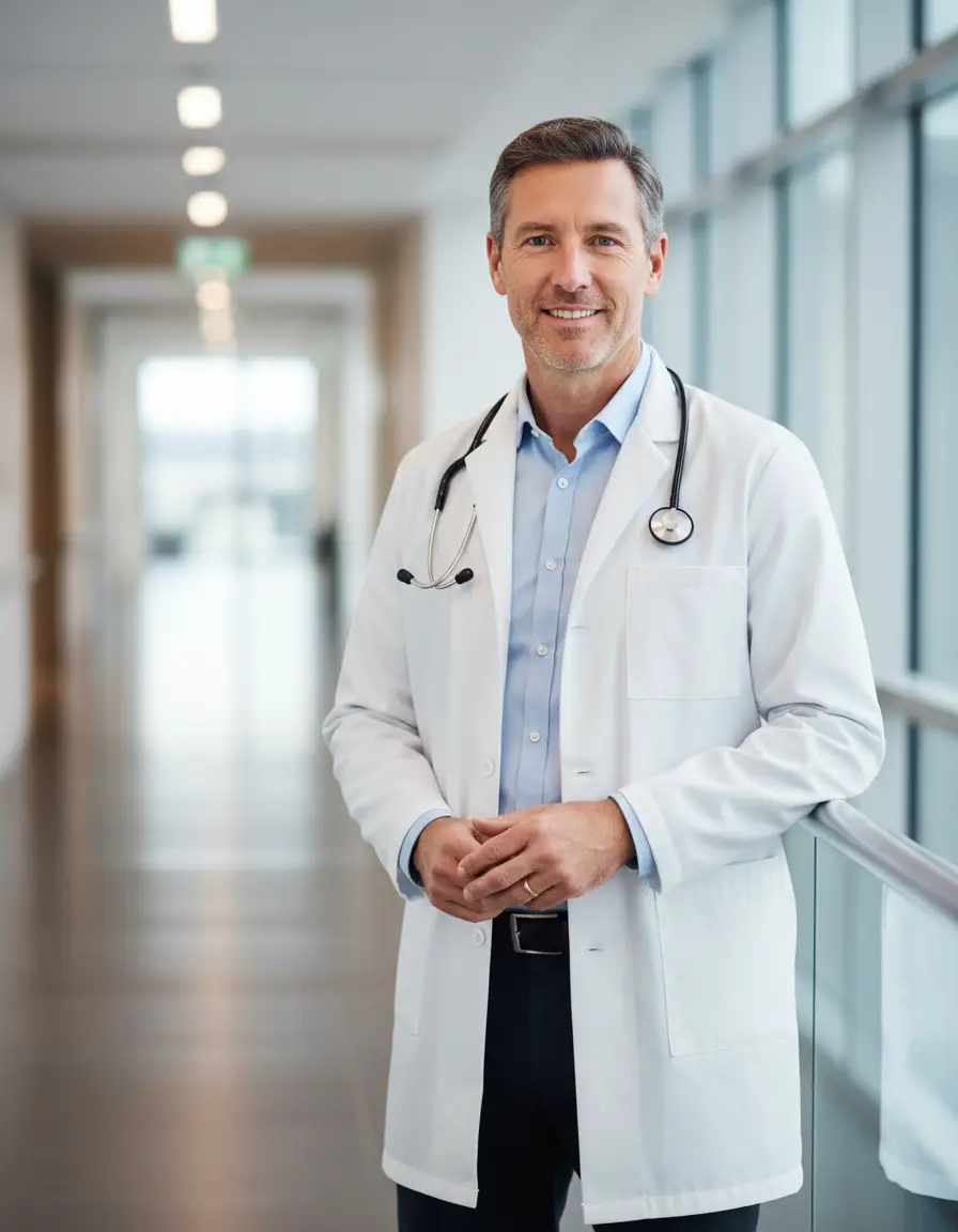 Confident Australian doctor in a bright modern hospital corridor