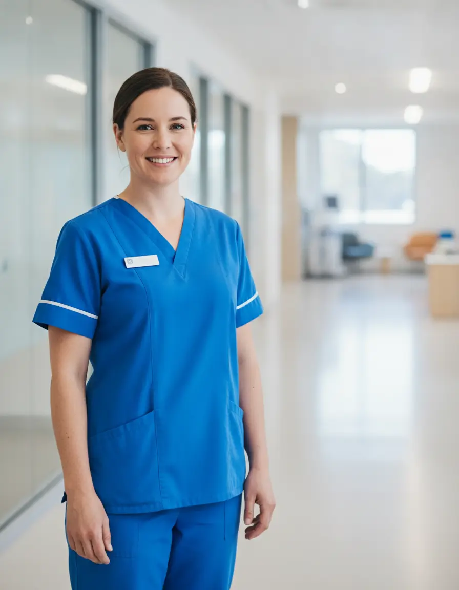 Confident Australian nurse in blue scrubs in a bright hospital ward