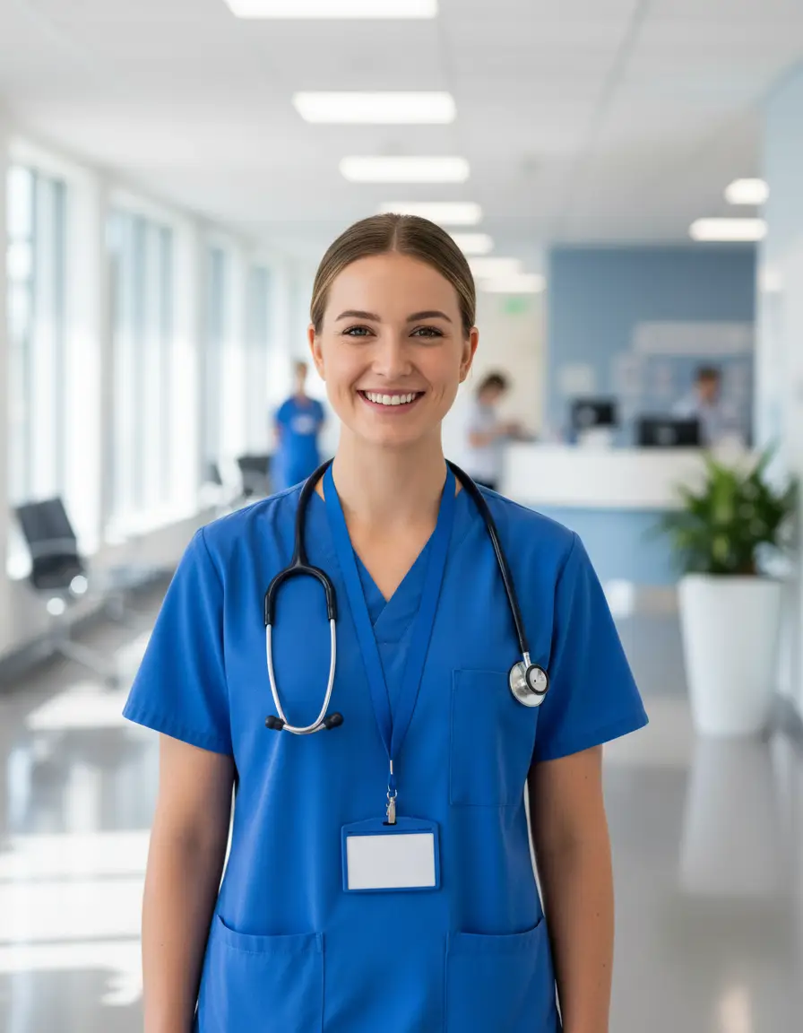 Australian medical registrar in scrubs in a bright hospital corridor