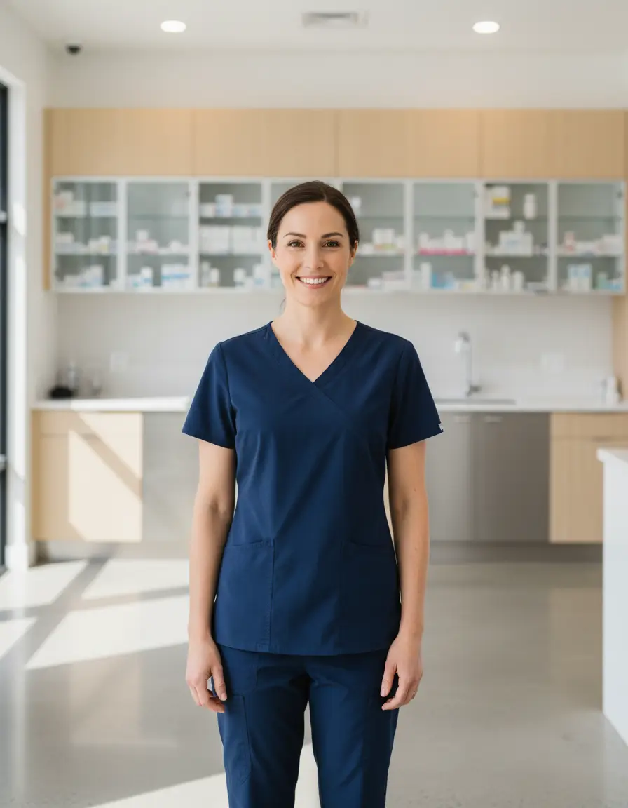 Australian veterinarian in navy scrubs in a bright veterinary clinic